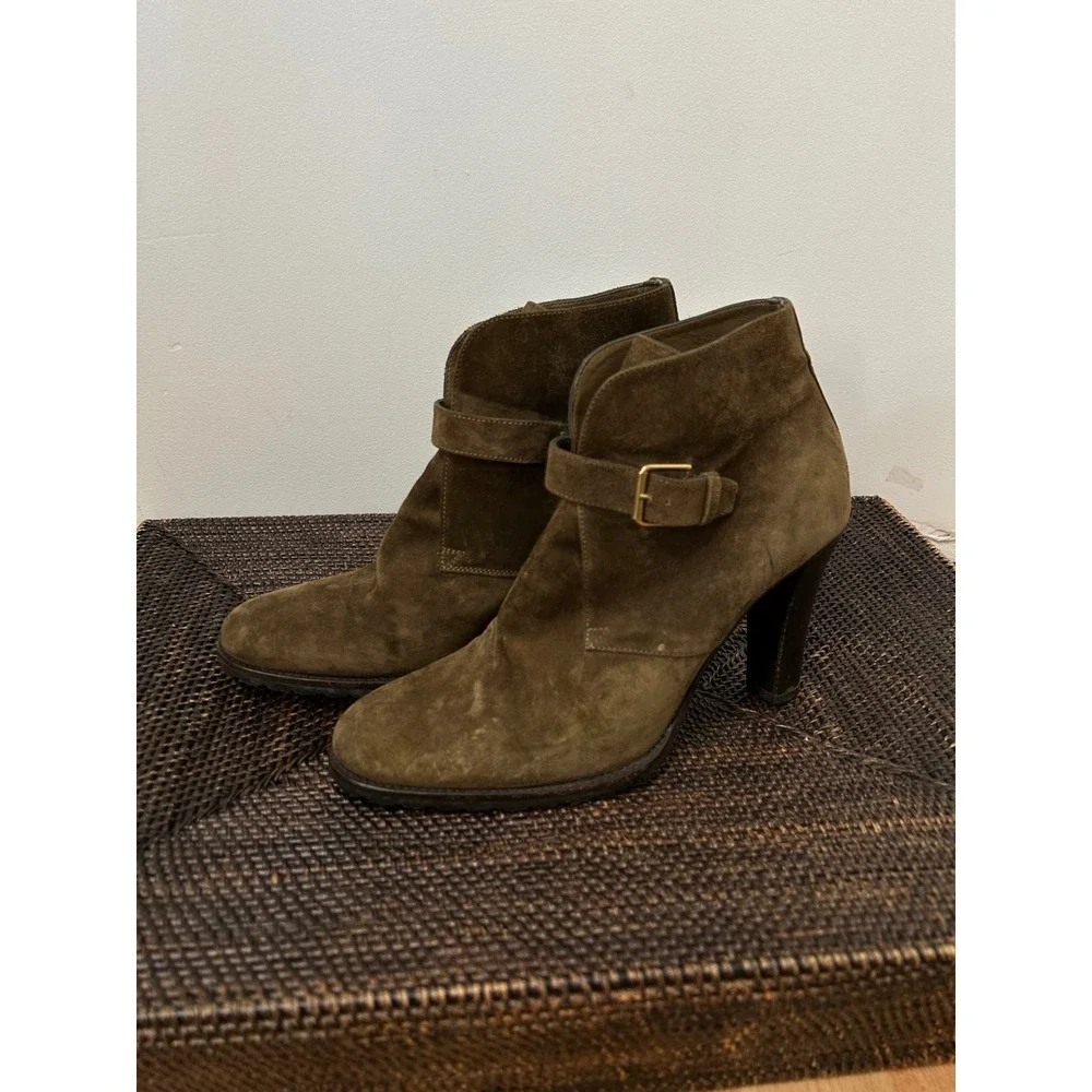 Ralph Lauren Collection Suede Buckle Ankle Boots Women Olive Green Dark Academia